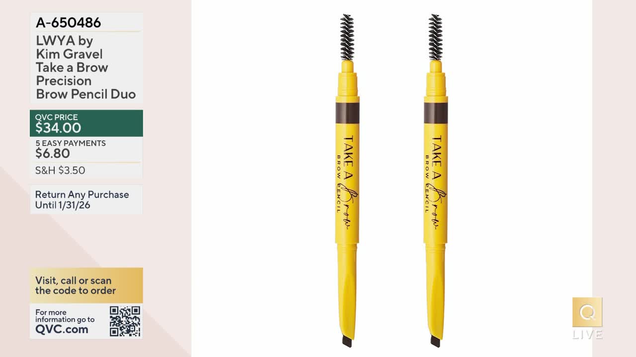 Two yellow brow pencils, each with a brush on one end, stand upright against a white background. The QVC price tag for the "Take a Brow" duo is visible in the corner.
