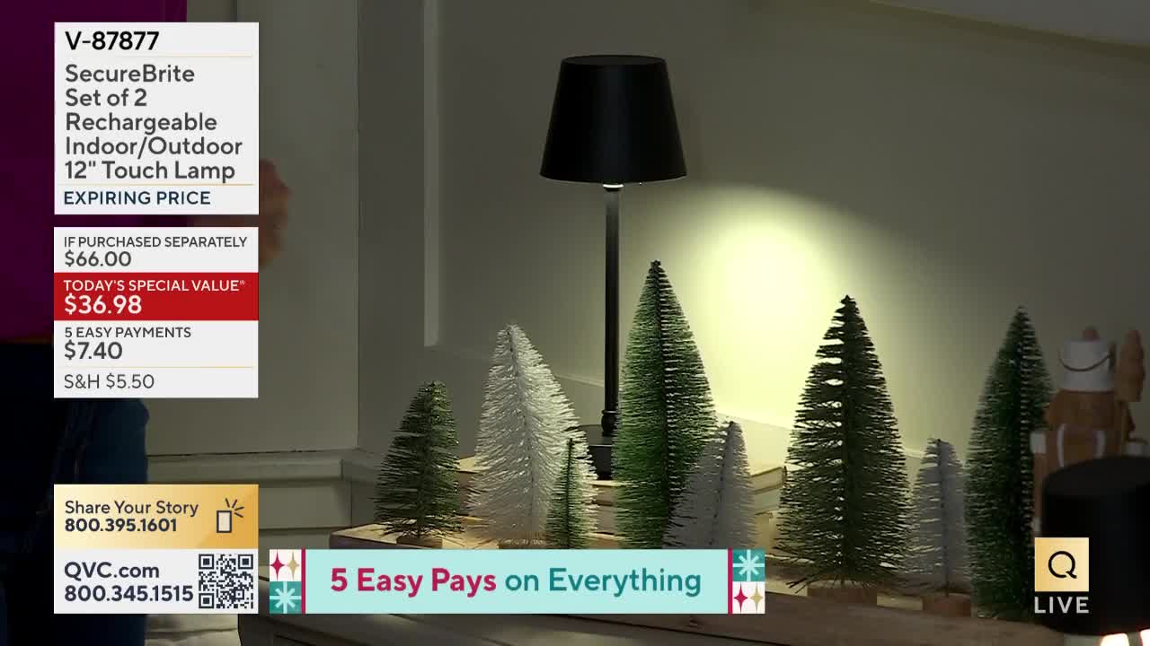 A black lamp shines down on a display of miniature Christmas trees. The QVC logo is visible in the corner, and the screen shows a "Today's Special Value" price for a set of lamps.
