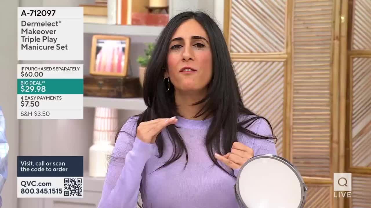 A woman gestures with her hands, demonstrating something about a manicure set. A QVC graphic lists the product's price and ordering information.