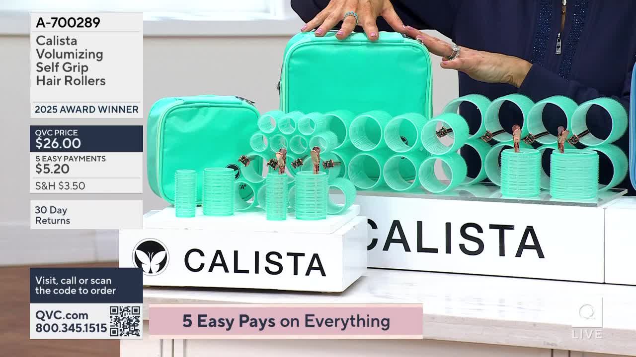A woman's hands arrange a collection of teal hair rollers on a white display. The QVC logo and product information are visible on the left.