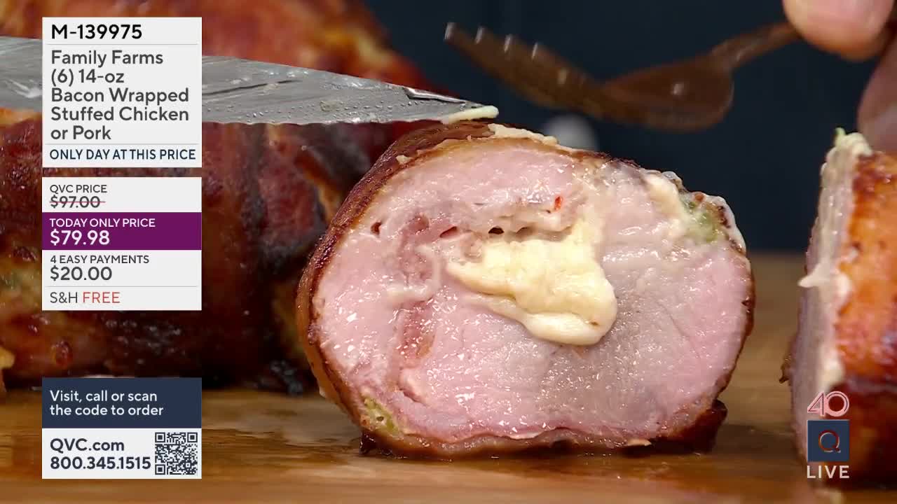 A knife slices into a thick piece of bacon-wrapped pork, revealing a creamy, melted cheese filling. Beside it, another portion of the dish sits, its golden-brown exterior promising a savory bite.