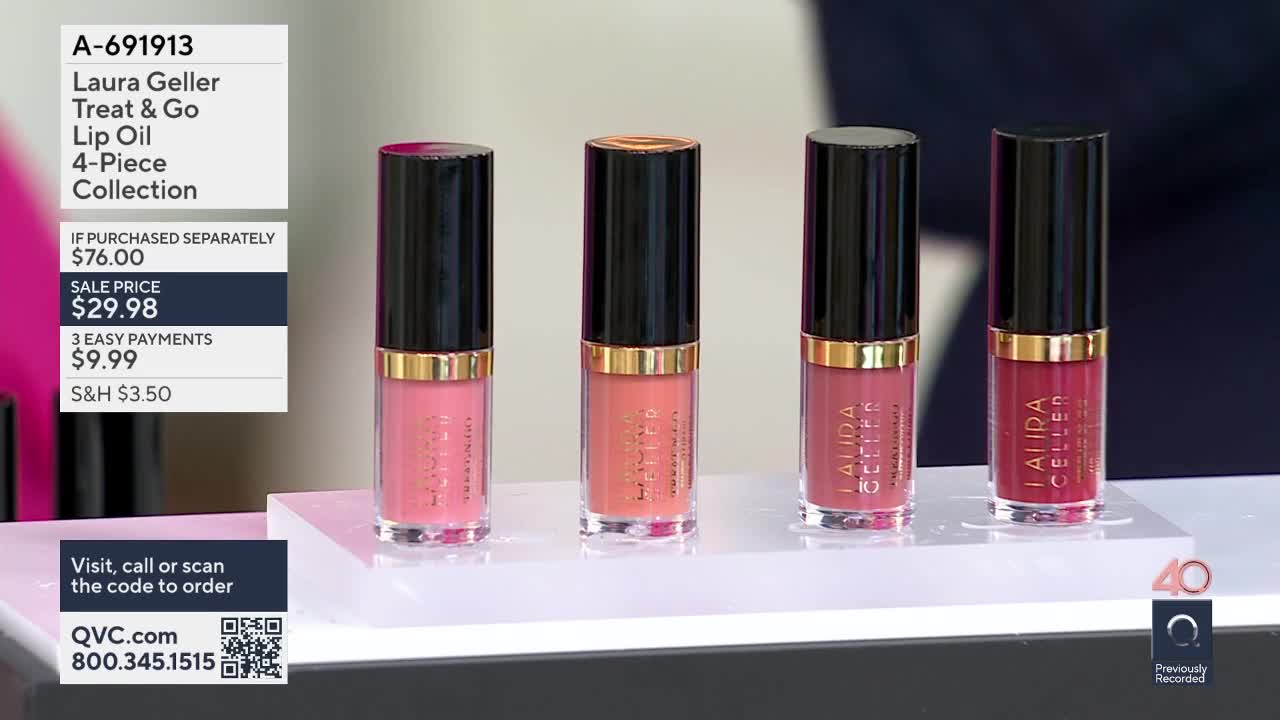 Four tubes of lip oil stand in a row, their clear bottles filled with shades of pink and coral. A QVC graphic displays the product name, "Laura Geller Treat & Go Lip Oil 4-Piece Collection," alongside pricing information.