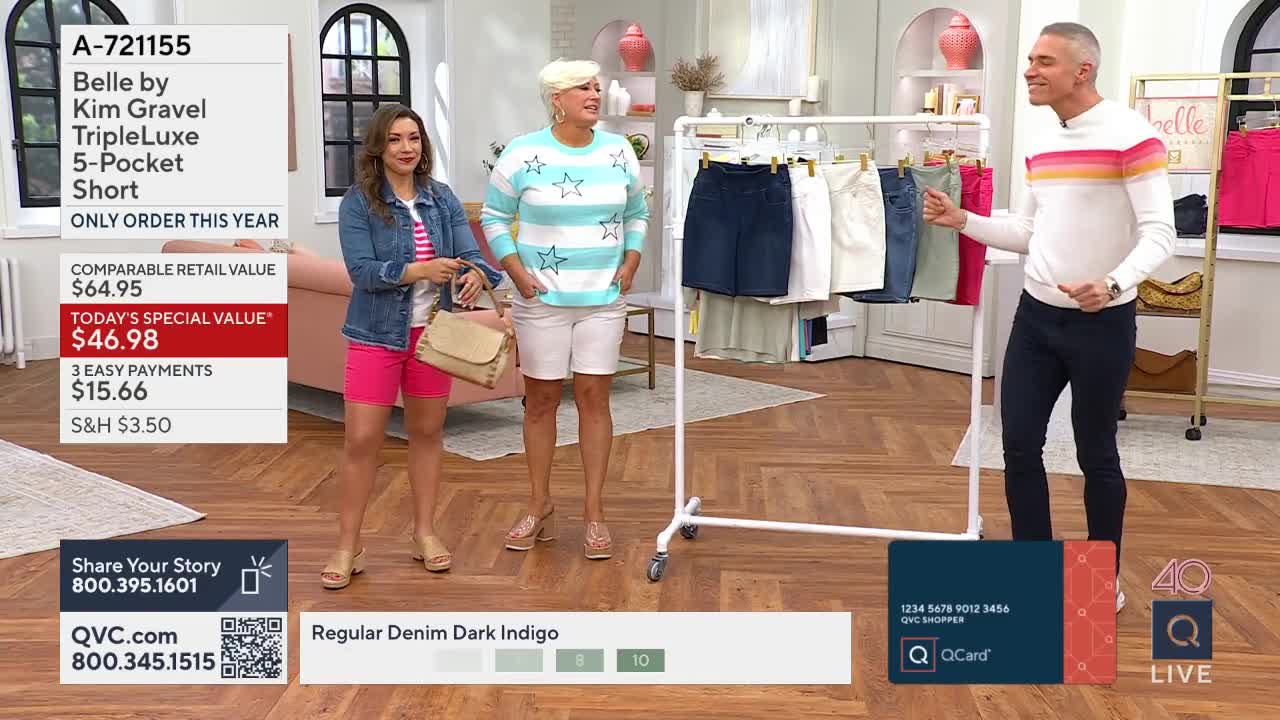 A woman in a denim jacket and pink shorts gestures towards a rack of shorts. A man in a striped sweater points to a pair of dark indigo shorts.