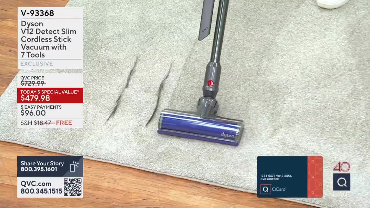 A Dyson vacuum glides across a light-colored carpet, leaving clean lines in its wake. The QVC logo is visible in the corner, along with pricing information for the vacuum.