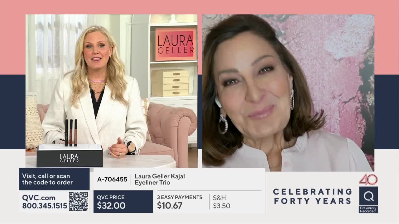 A woman with blonde hair and a white blazer gestures toward a box of Laura Geller eyeliner. Another woman, on a video call, smiles warmly.