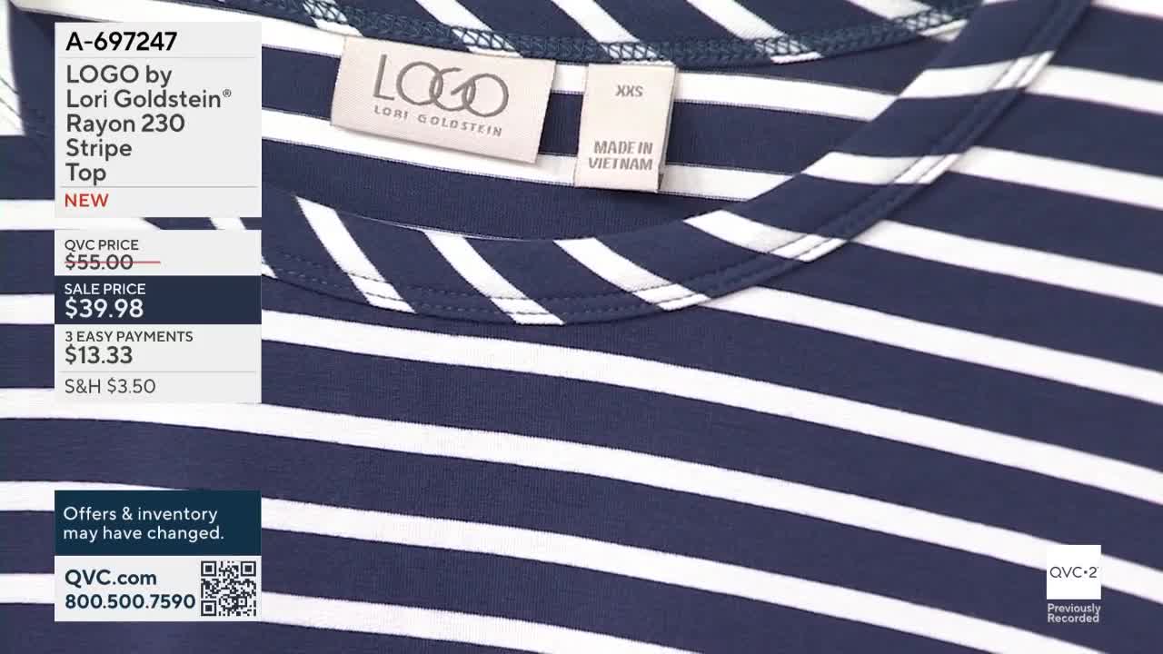 A navy and white striped top is displayed on QVC2, with the brand label and price information visible in the frame. The shirt's neckline and the "Made in Vietnam" tag are clearly in view.
