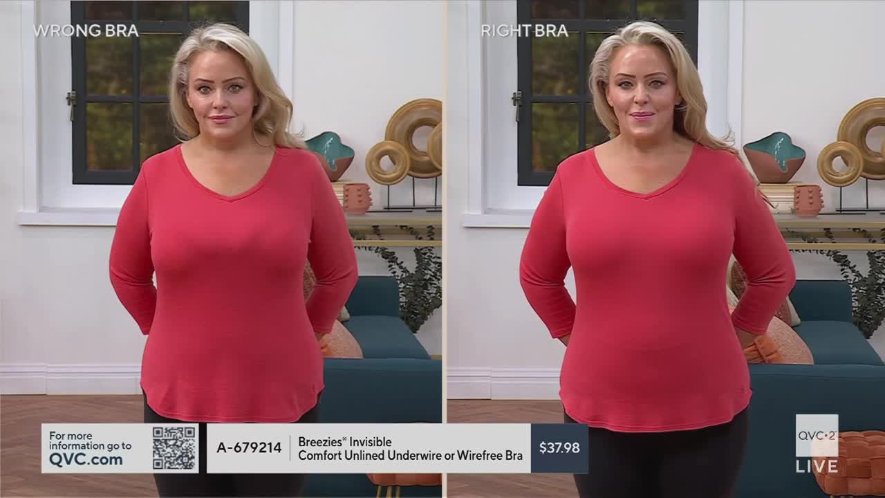 A woman in a red shirt stands on a QVC2 set, comparing the fit of a bra. The screen shows a "Wrong Bra" and a "Right Bra" side-by-side, with the presenter's posture and form slightly different in each.

