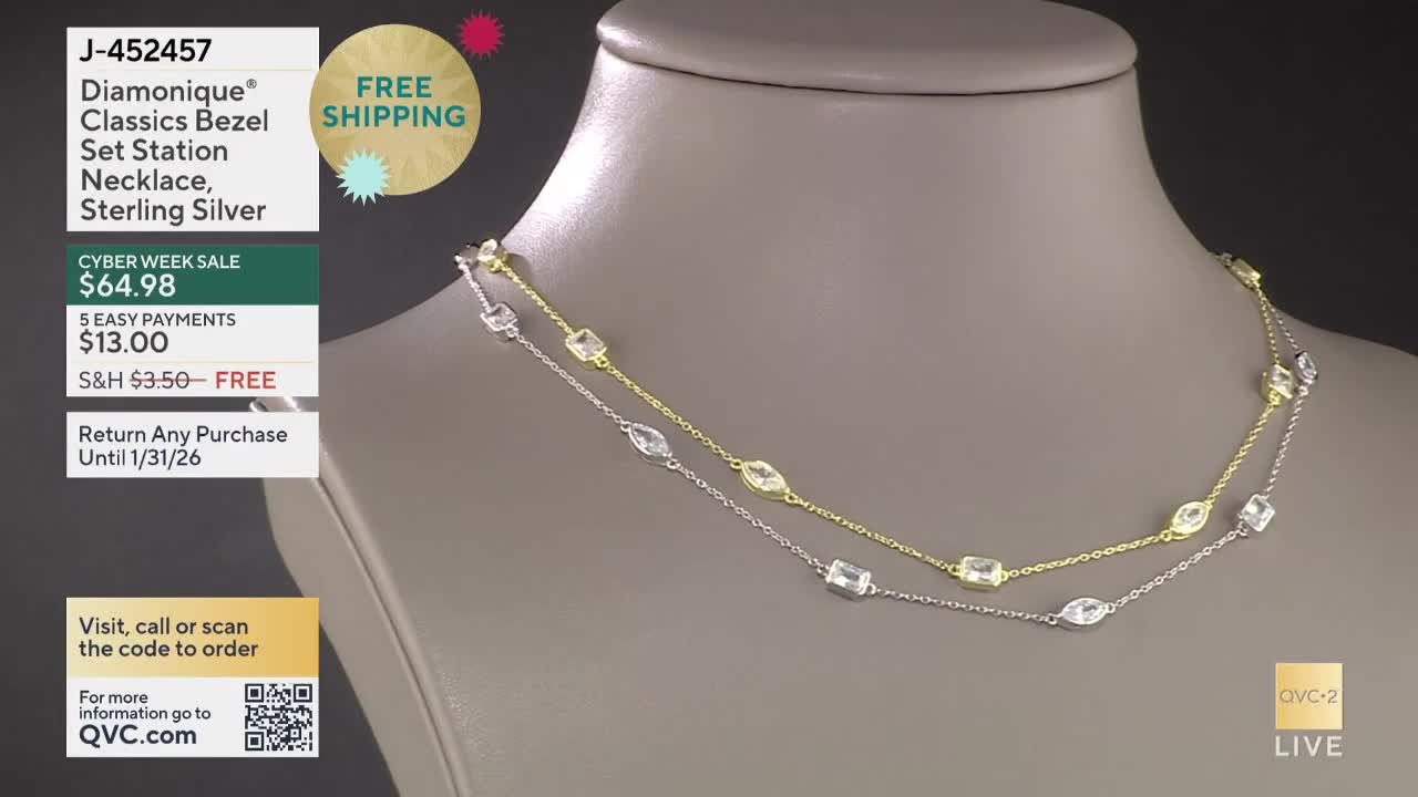 Two delicate necklaces, one gold-toned and one silver, are draped on a mannequin's neck. The necklaces, each strung with clear, rectangular and oval-shaped stones, are being presented on QVC2.
