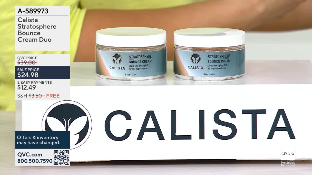 Two jars of Calista Stratosphere Bounce Cream sit on a white surface. A large "CALISTA" logo is printed on a box below them.