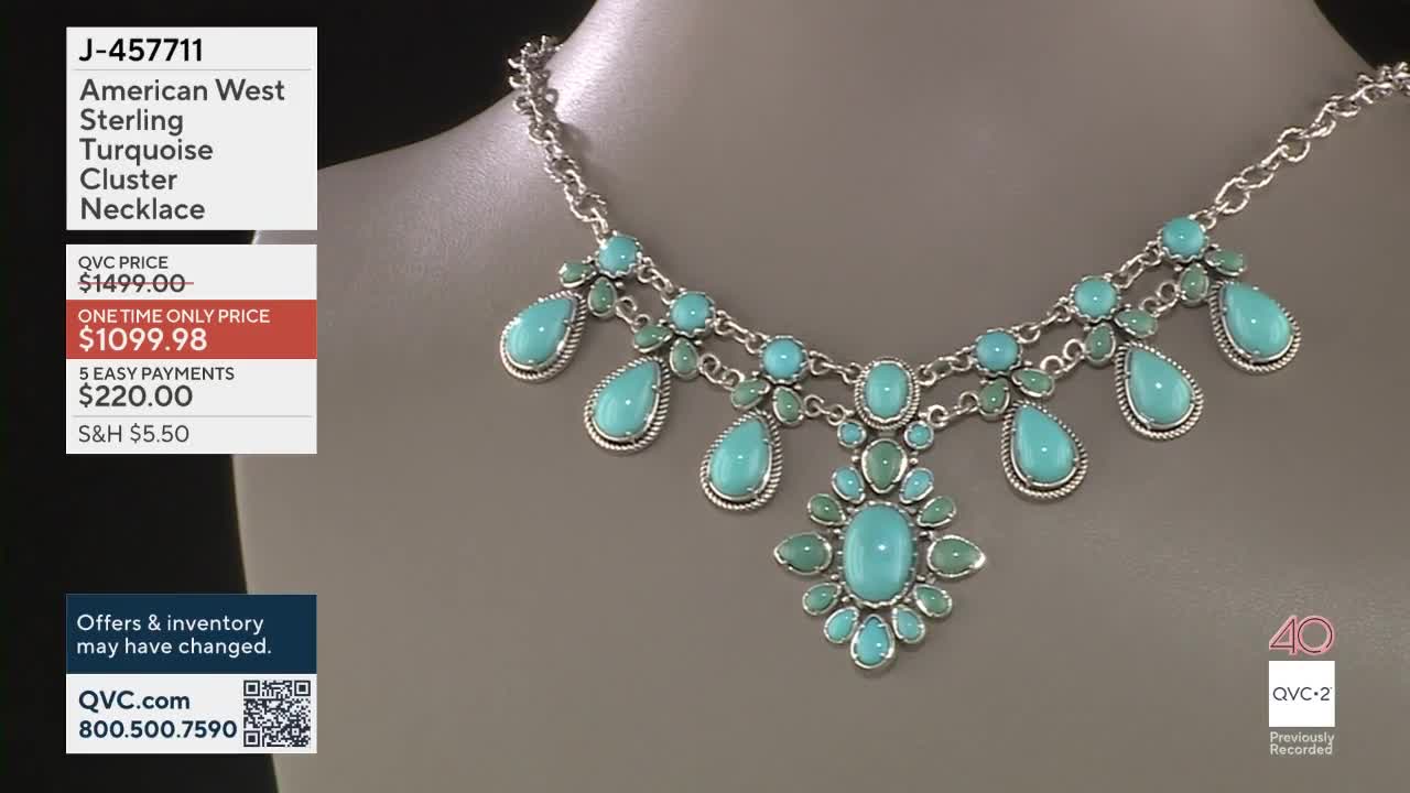 A sterling silver necklace with teardrop and oval turquoise stones hangs on a mannequin. The QVC2 logo appears in the lower right corner.