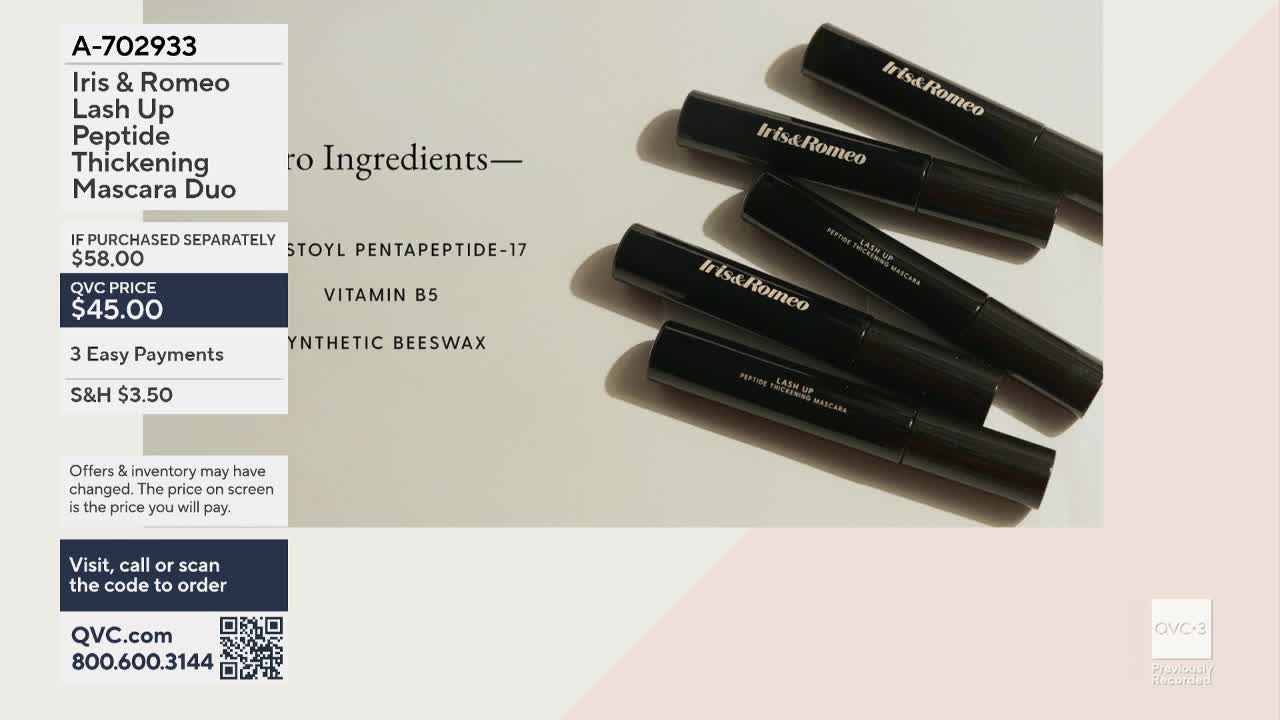 Six black mascara tubes are arranged on a light surface, angled towards the top right. The QVC3 logo is visible in the lower right corner, with a product description and price visible on the left.
