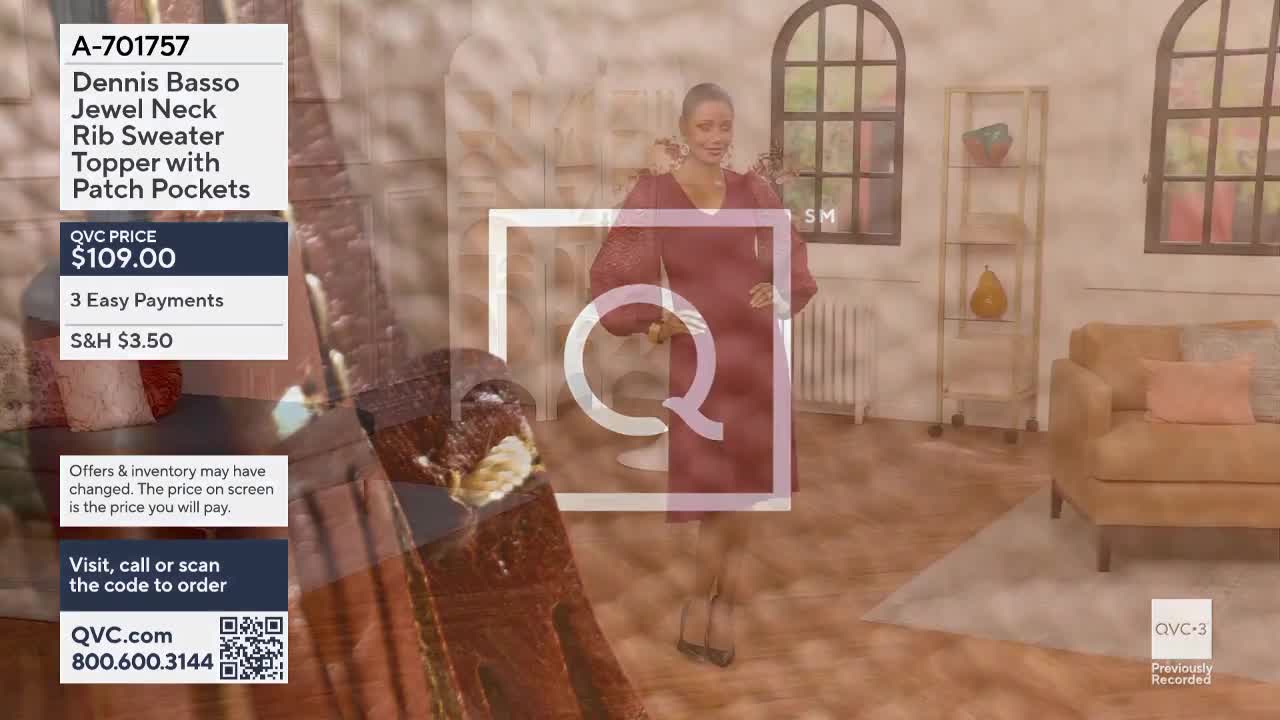 A woman in a maroon dress stands in a studio, framed by a large QVC logo. On-screen graphics detail the price of the "Dennis Basso" sweater.
