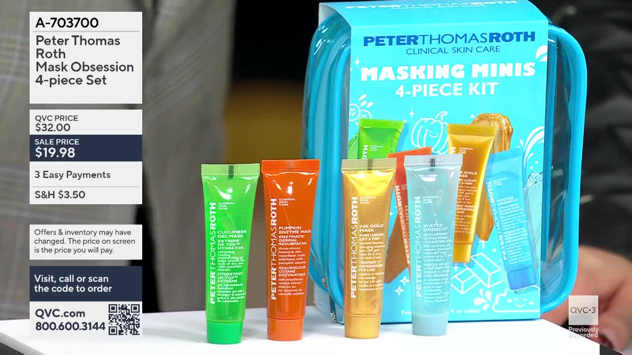On QVC3, a Peter Thomas Roth Mask Obsession set is displayed, with four mini tubes of different colored masks standing in front of a matching kit. The screen shows the sale price is $19.98.
