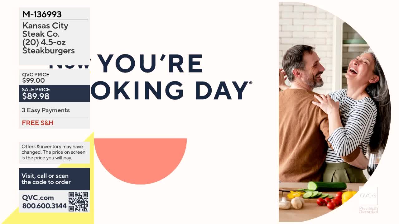 A couple laughs and embraces in a kitchen, while a QVC3 graphic promotes steakburgers from Kansas City. The text on the screen highlights a sale price and easy payment options.

