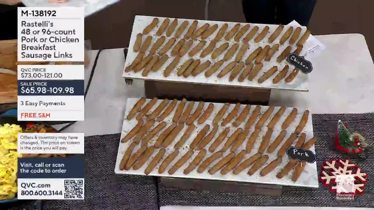 On QVC3, two white platters display rows of cooked sausage links, labeled "Pork" and "Chicken." The sale price and ordering information are visible on the left side of the screen.

