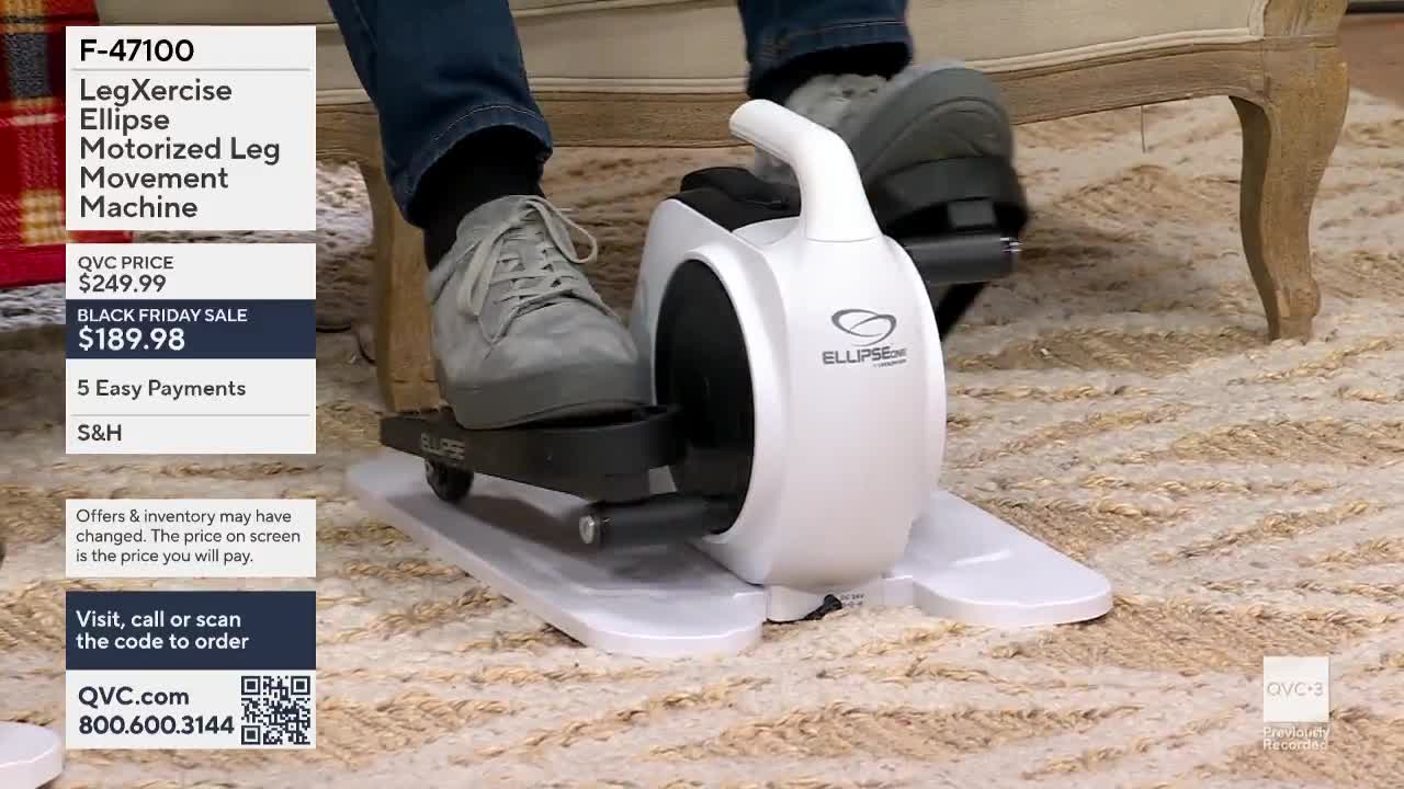 A person's feet, clad in sneakers, are steadily moving on a white exercise machine. The machine, labeled "LegXercise Ellipse," is being demonstrated on QVC3.
