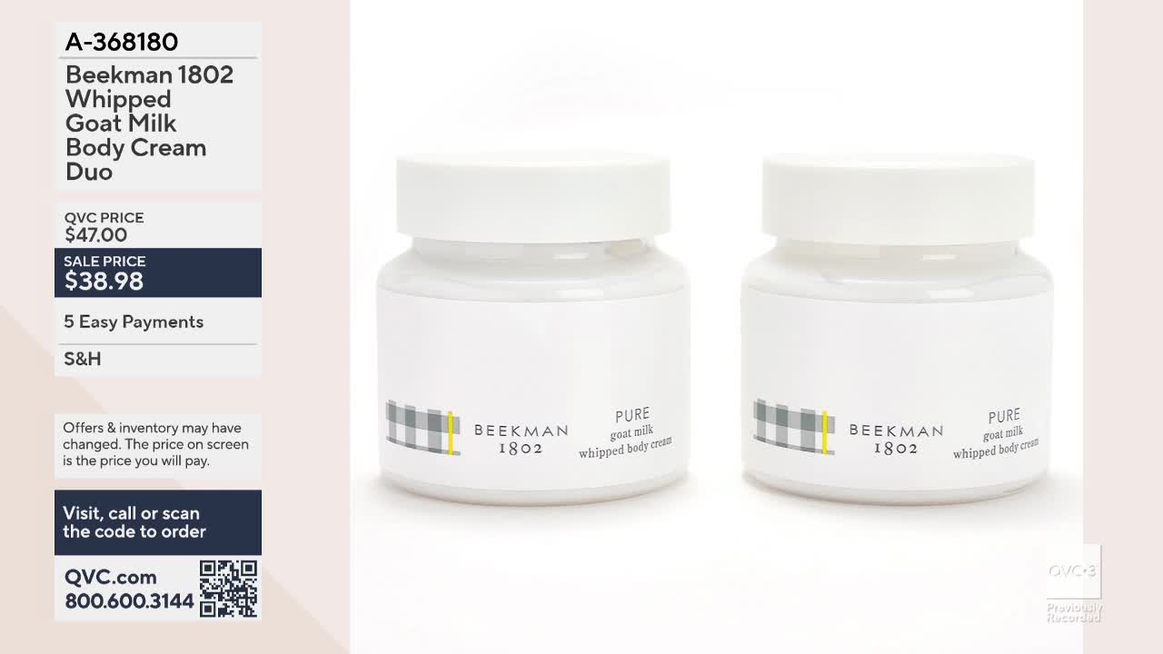 Two identical white jars of Beekman 1802 whipped goat milk body cream sit side-by-side. The QVC3 price and product details are displayed on the left side of the screen.
