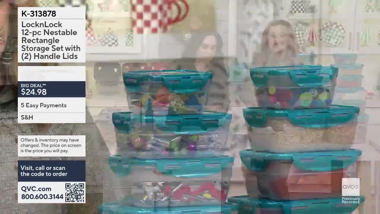 On QVC3, a display of LocknLock storage containers is stacked in front of two women. The containers are filled with various items, and the price is listed on the screen.
