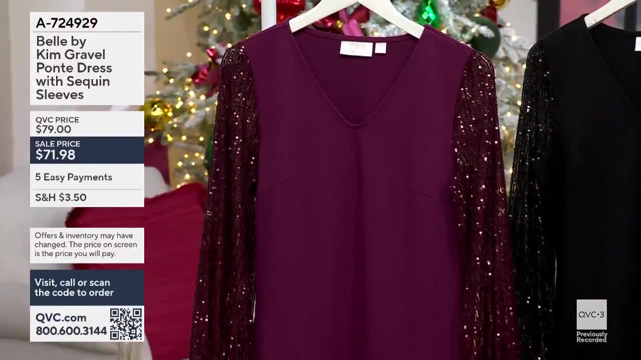 A plum-colored dress with sequined sleeves hangs on a white hanger. The QVC3 logo is in the lower right corner, and the sale price is listed on the screen.

