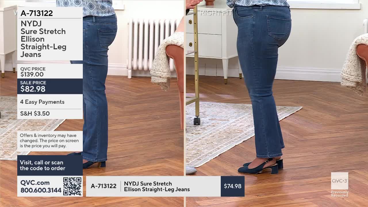 A woman stands in a pair of NYDJ jeans, showing off the fit. The QVC logo appears in the corner.