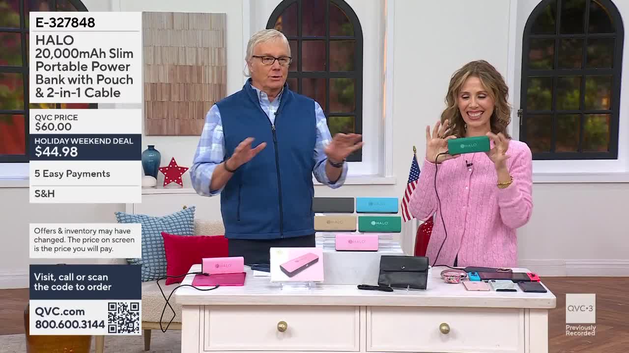 A man gestures with both hands, explaining something on QVC. A woman holds up a green portable charger, smiling.