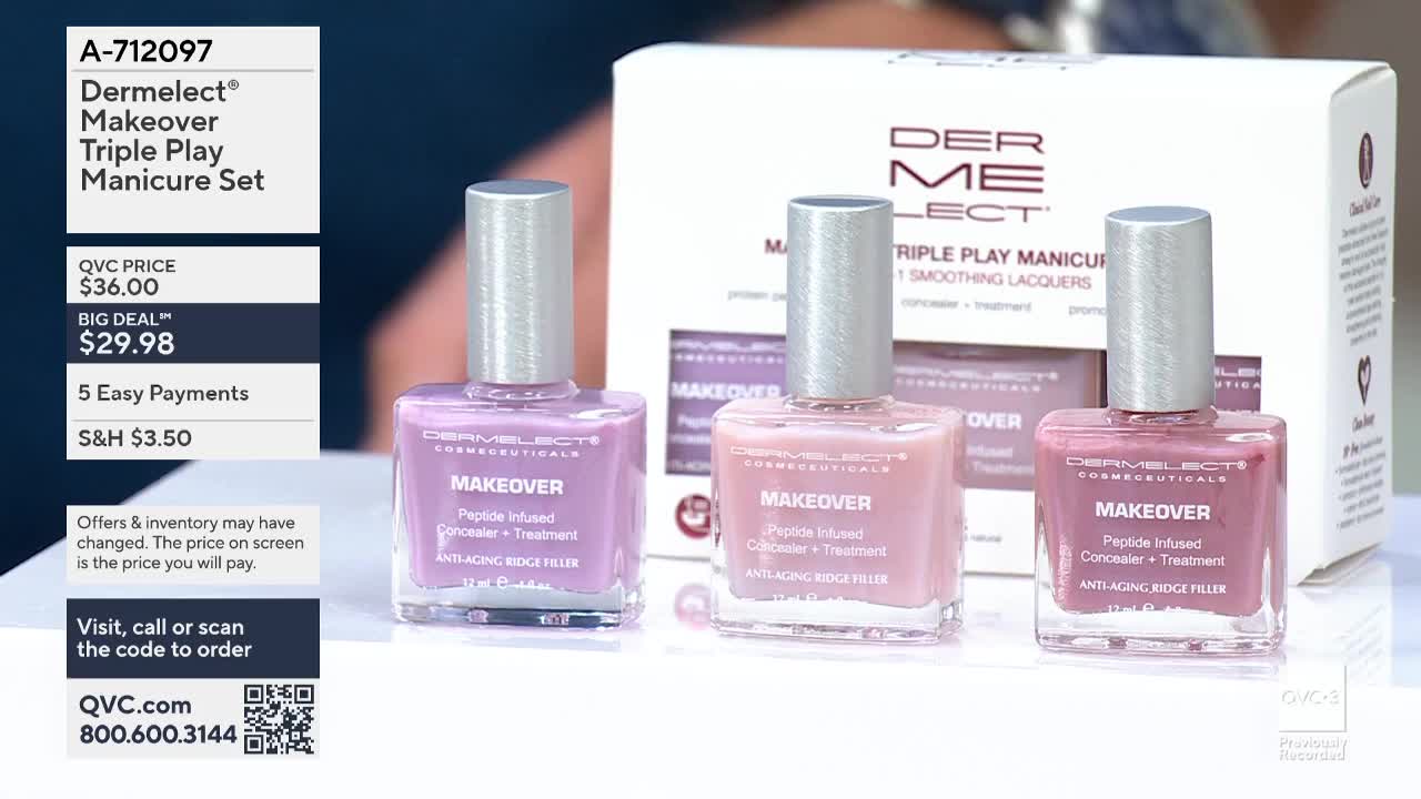Three bottles of nail polish stand in a row, their glass containers filled with soft pink and lavender hues. A white box with the Dermelect logo sits behind them, displaying the product's name.