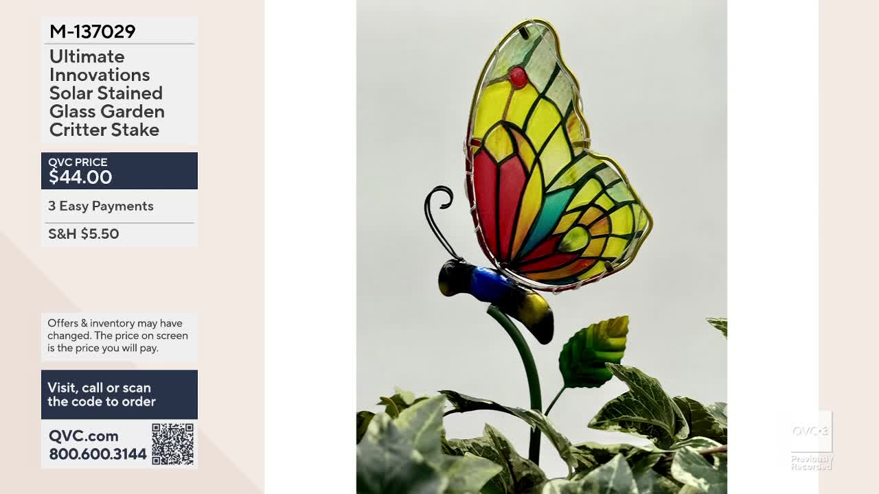 A stained-glass butterfly, its wings a mosaic of yellow, red, and blue, perches on a thin metal stem. This garden stake, presented on QVC, adds a vibrant splash of color to the greenery below.