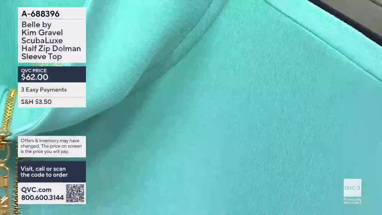 A bright turquoise top with a gold zipper is displayed. The QVC price is $62.00, with 3 Easy Payments and $3.50 S&H.