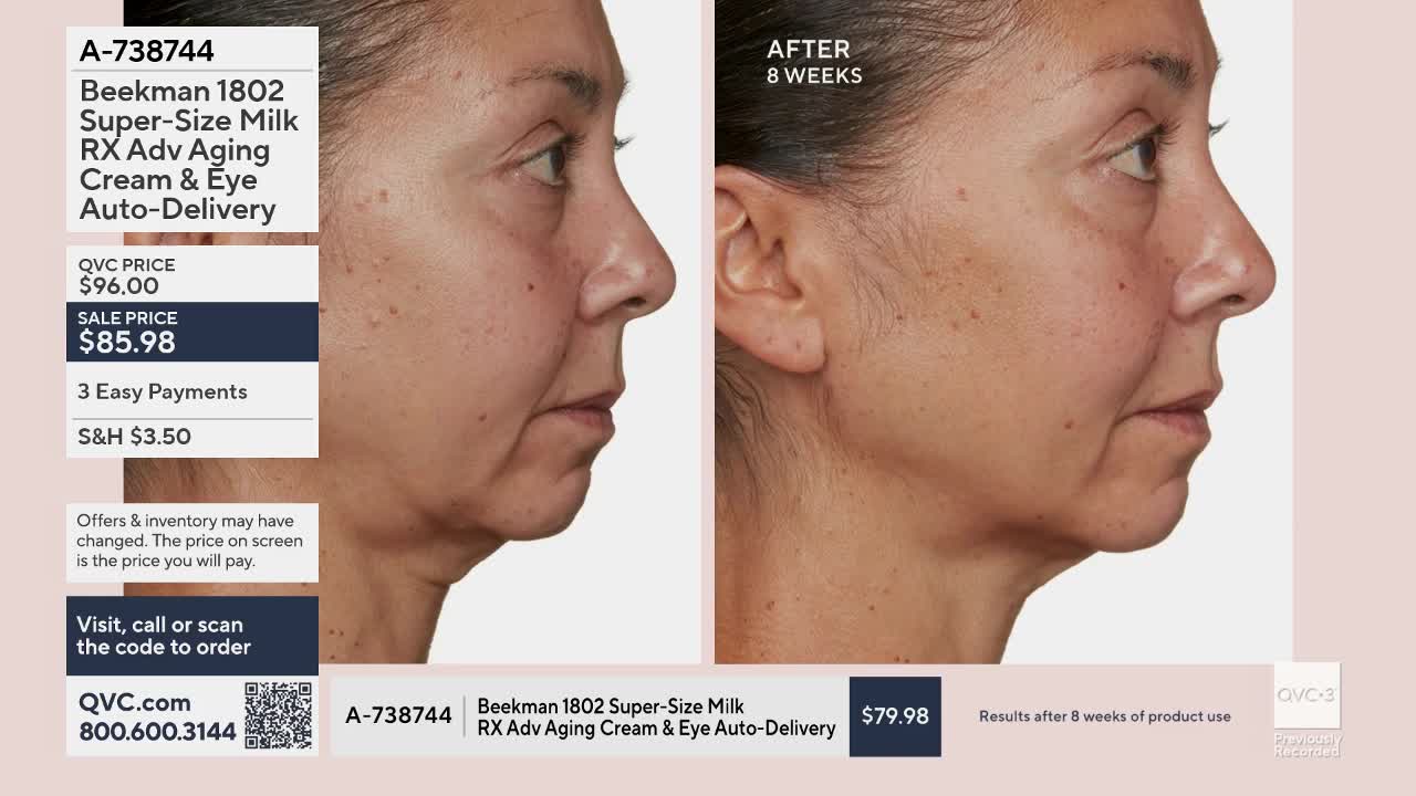The side profile of a woman's face appears smoother and more lifted on the right, after eight weeks of using a Beekman 1802 product. The QVC display shows the product details and pricing.
