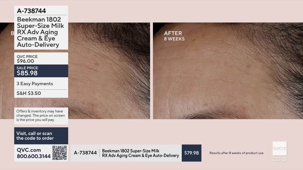 The left side shows a forehead with visible lines, and the right side, labeled "AFTER 8 WEEKS," displays a smoother forehead. This is a comparison of skin before and after using Beekman 1802 Super-Size Milk RX Adv Aging Cream & Eye Auto-Delivery.