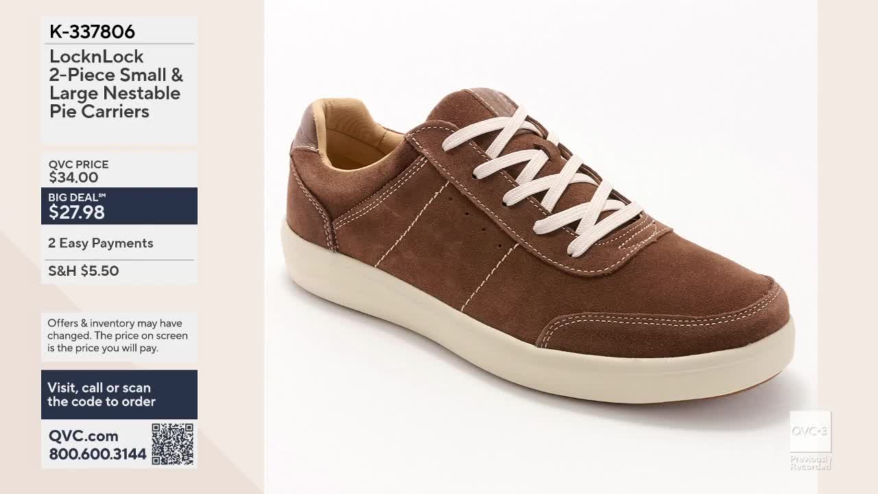 A brown suede sneaker with white laces sits on a light background. The QVC logo and product details are displayed on the left.