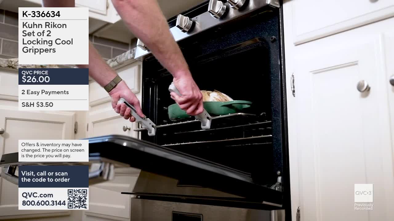Hands grip white grippers, pulling a green casserole dish from the oven. The dish holds a golden-brown roast, resting on the oven's middle rack.