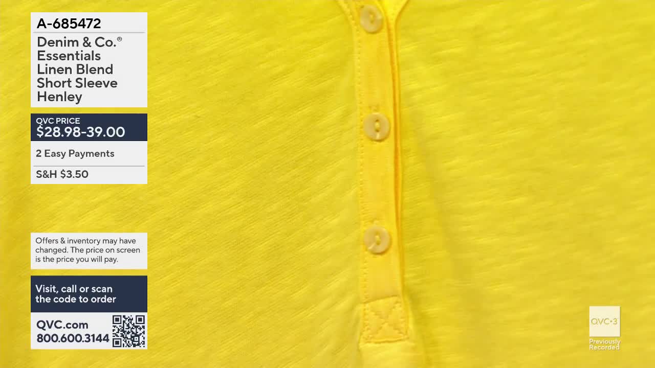 The bright yellow fabric of a short-sleeved henley shirt is displayed. Four light yellow buttons run down the placket of the shirt.