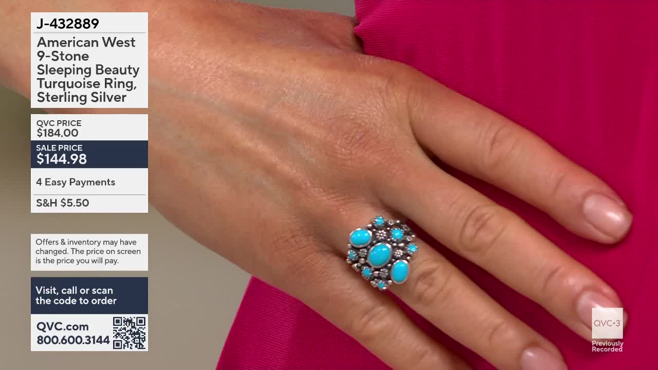 A hand displays a ring featuring a cluster of bright turquoise stones and small, clear accents. The ring sits on a finger against a vibrant pink fabric.