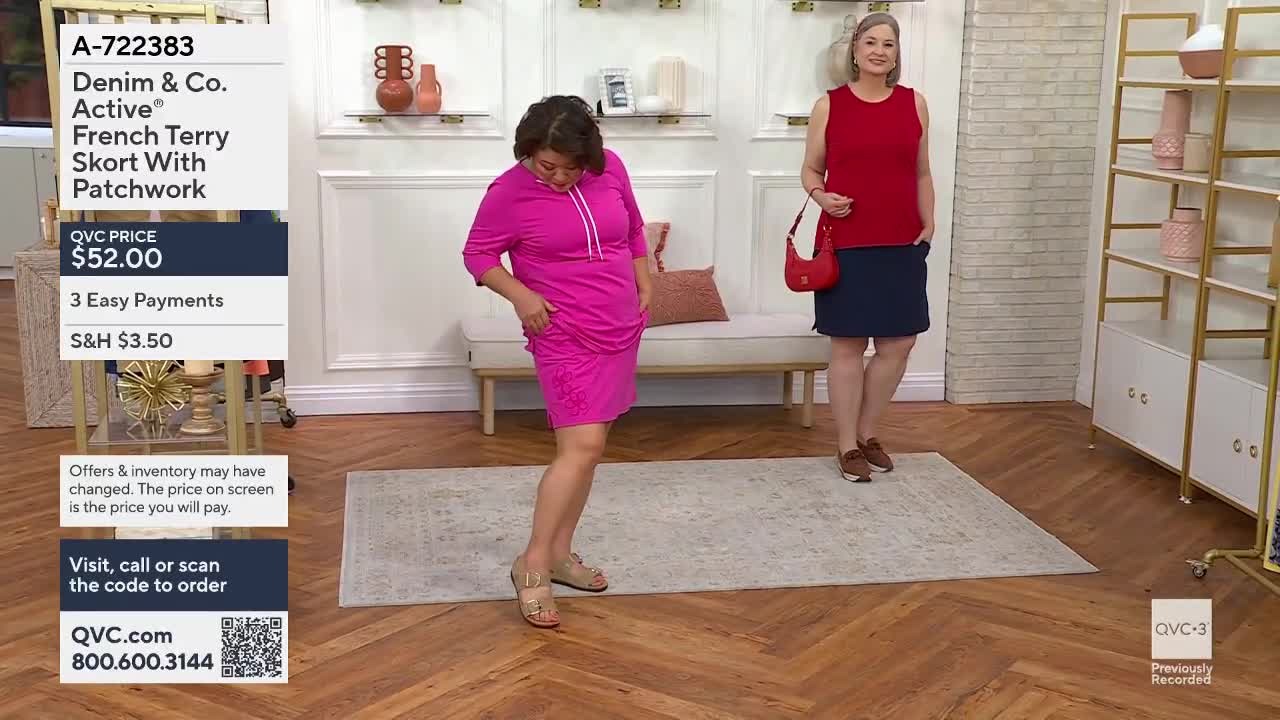 A woman in a bright pink dress adjusts the hem, her sandals catching the light. Beside her, another woman stands in a red top and navy skort, a small red purse slung over her shoulder.