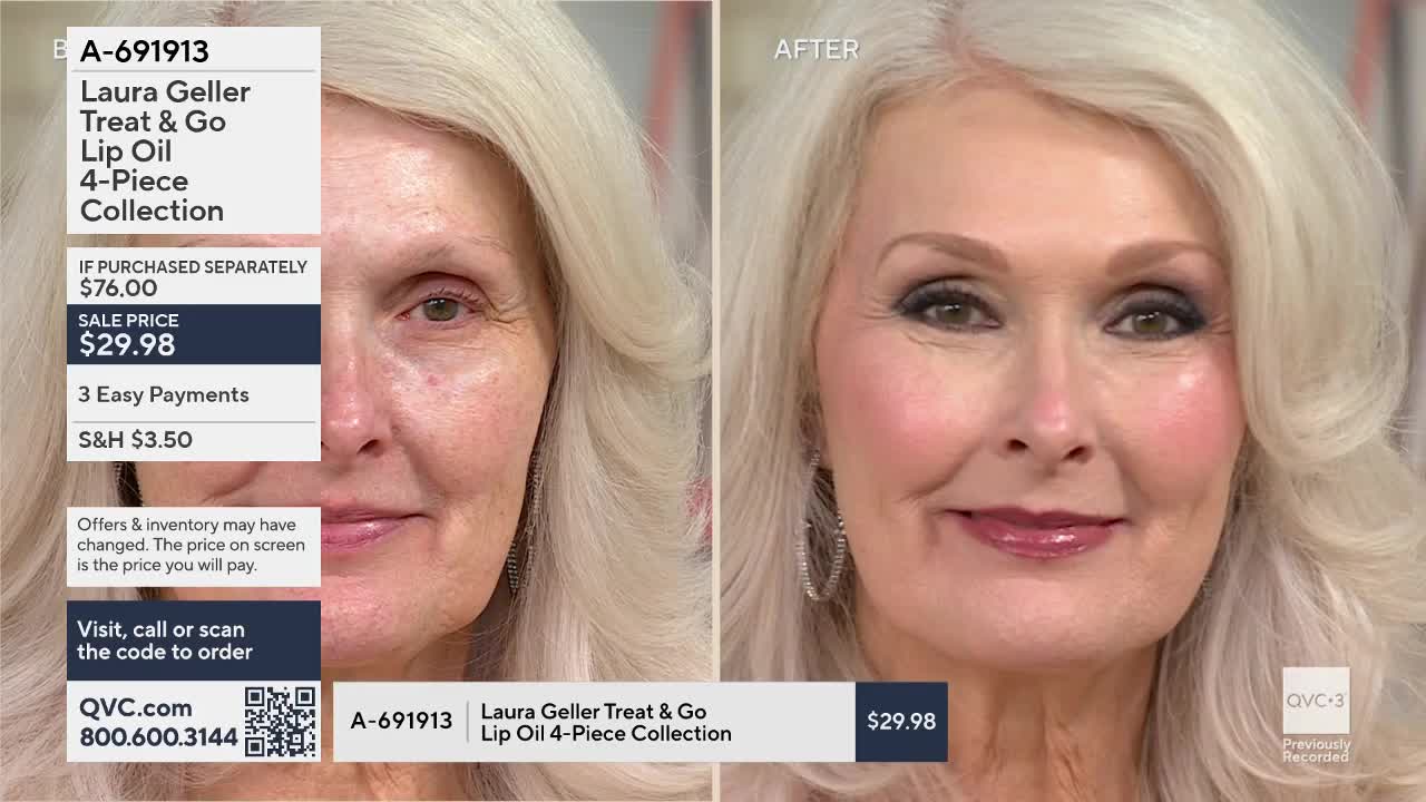 The woman on the right has a soft glow and defined features, a clear contrast to the woman on the left. The QVC screen shows the "Laura Geller Treat & Go Lip Oil 4-Piece Collection" is on sale for $29.98.