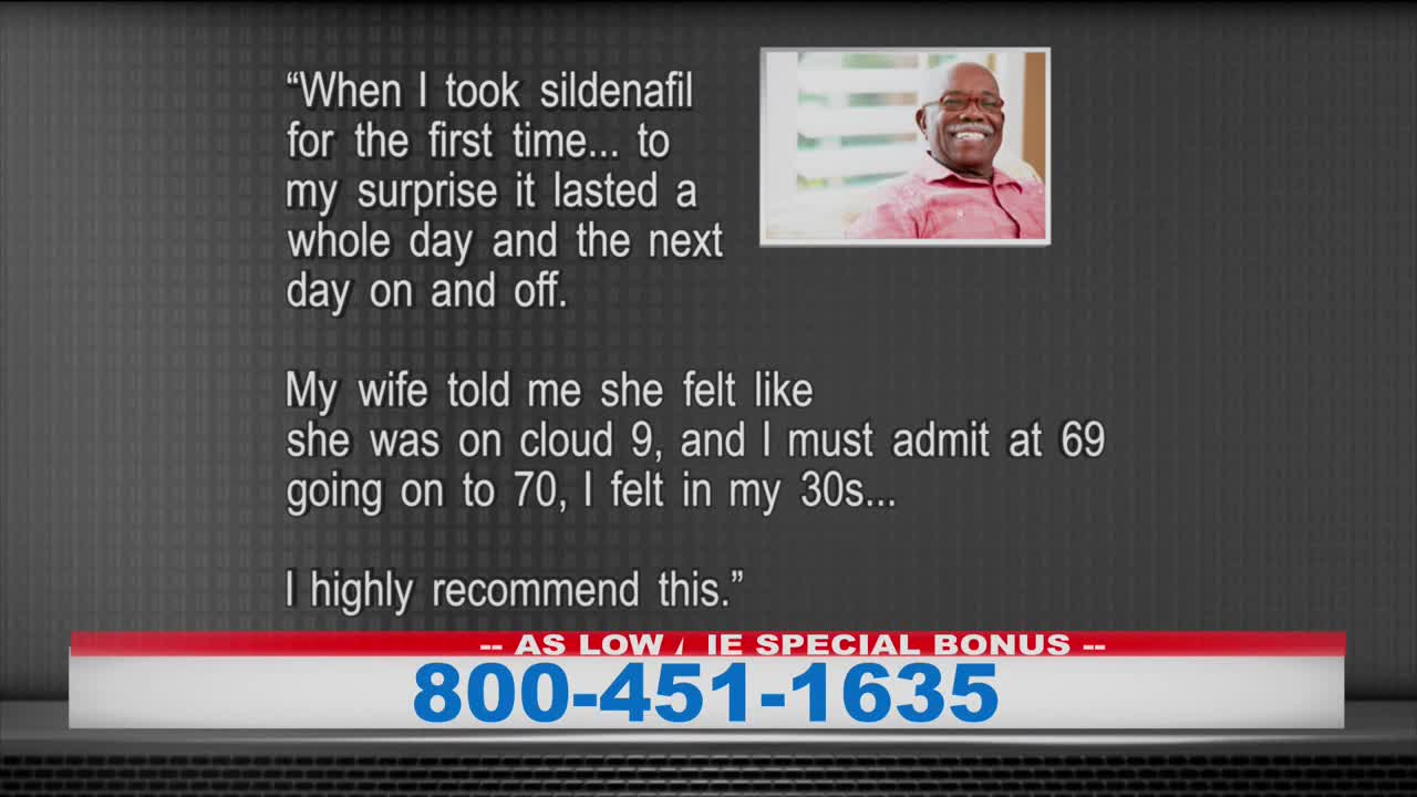 A testimonial from a smiling older man is displayed above text about a medication. Below, a phone number is highlighted in a red and white banner.
