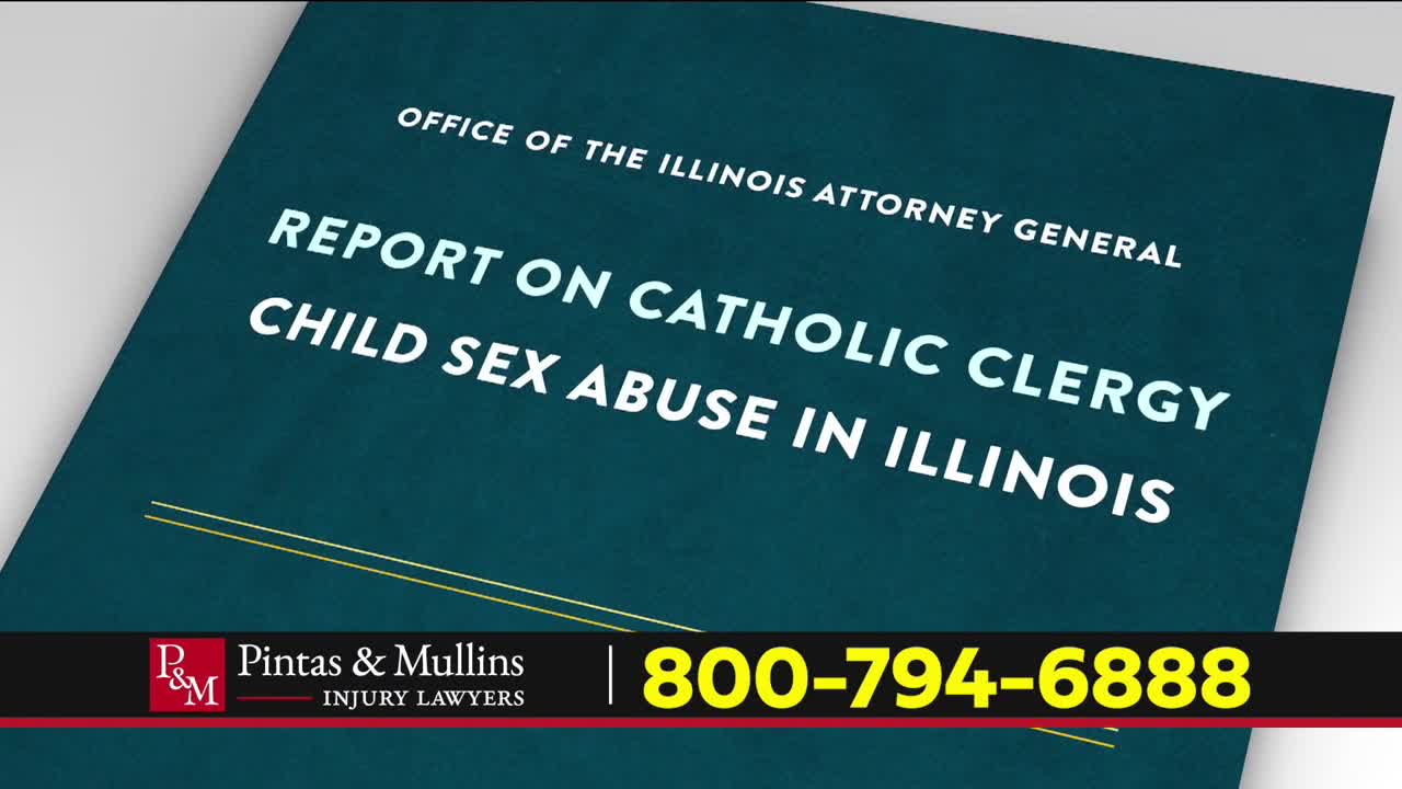 A report titled "Report on Catholic Clergy Child Sex Abuse in Illinois" is displayed prominently. The document is presented with a lawyer's contact information at the bottom.
