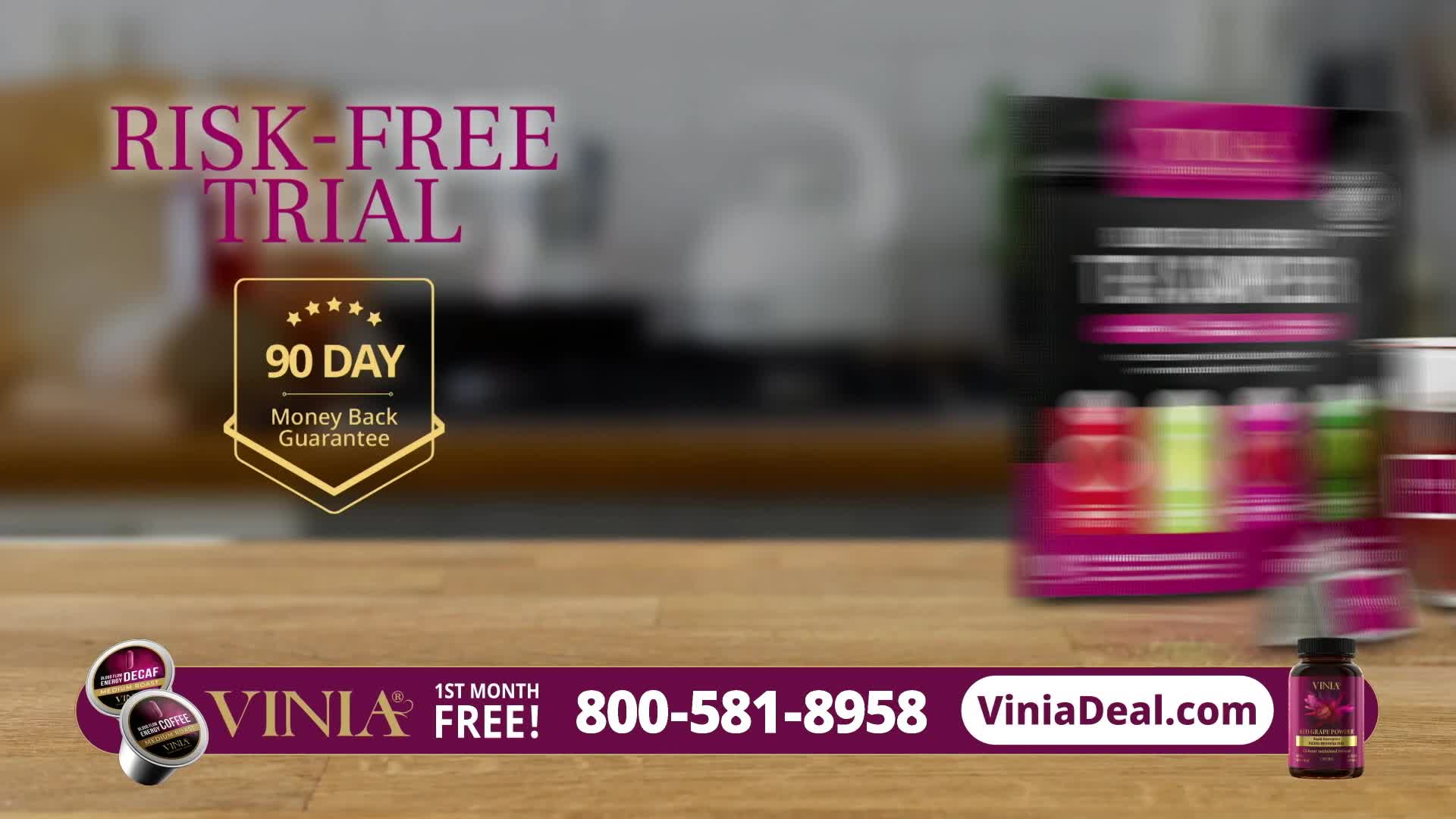 A product display with blurred motion features a "Risk-Free Trial" guarantee. The ad promotes a supplement, with a phone number and website address displayed across the bottom.
