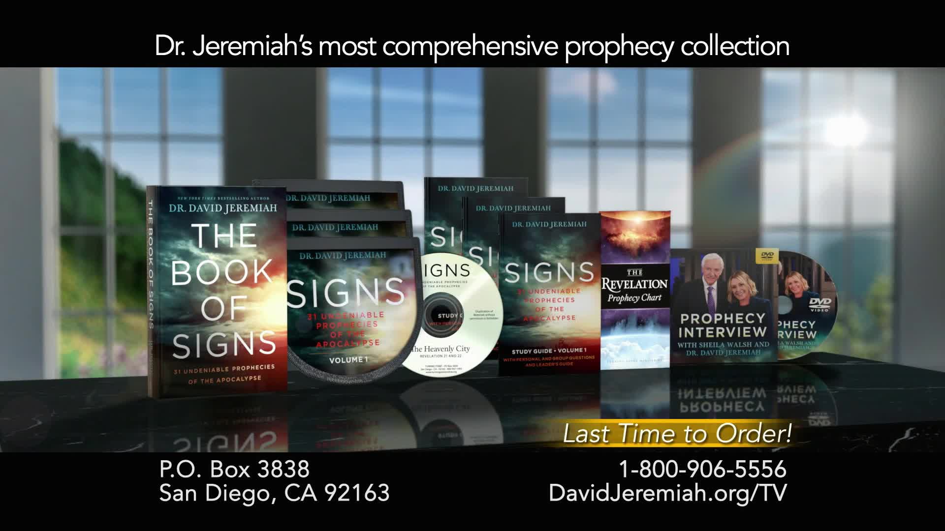 A collection of books, DVDs, and a study guide for sale is displayed. The RFD-TV ad urges viewers to order Dr. Jeremiah's prophecy collection before it's too late.
