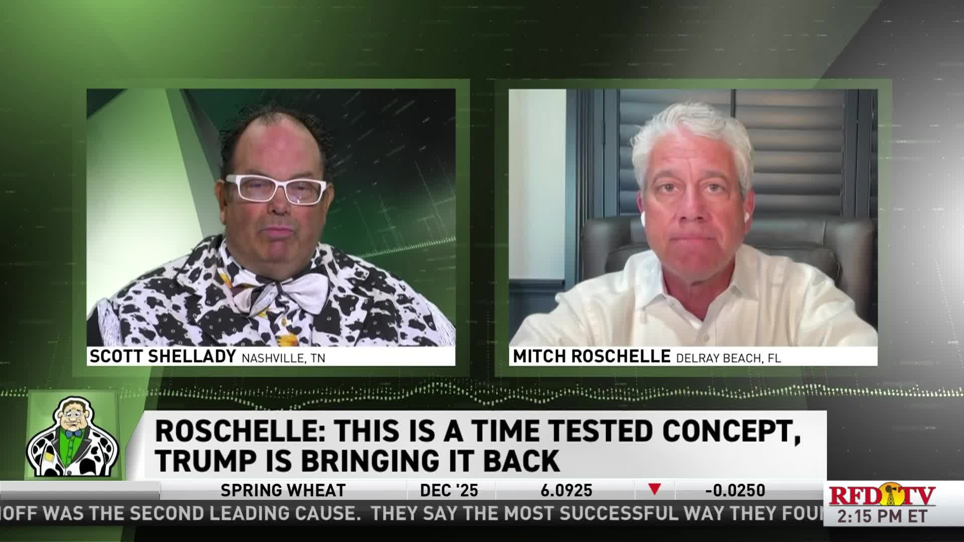 Two men are on screen, each in a separate box; one is in Nashville, the other in Delray Beach. The RFD-TV graphic below them discusses a concept Trump is bringing back.
