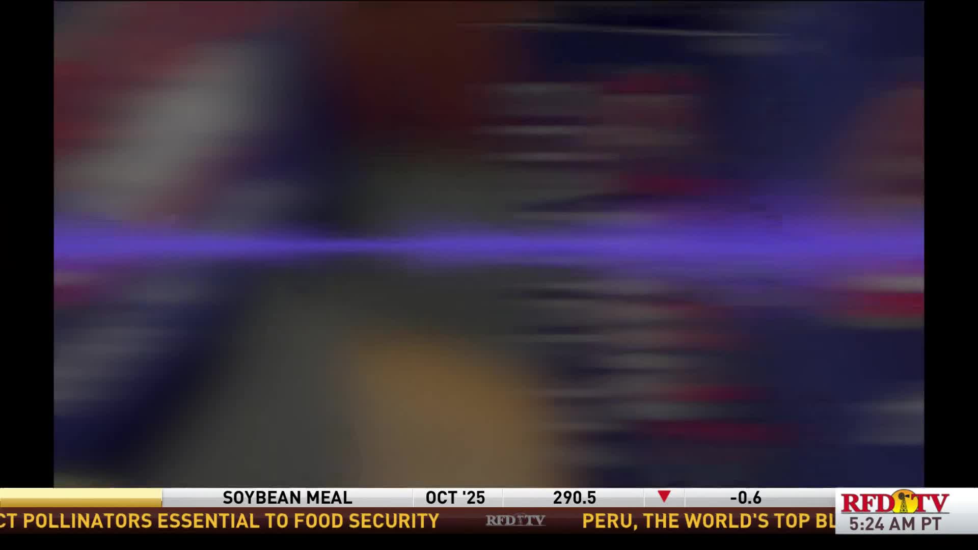 The screen displays a streaked background, with a horizontal purple line cutting across the middle. Below, the RFD-TV ticker scrolls with market updates.
