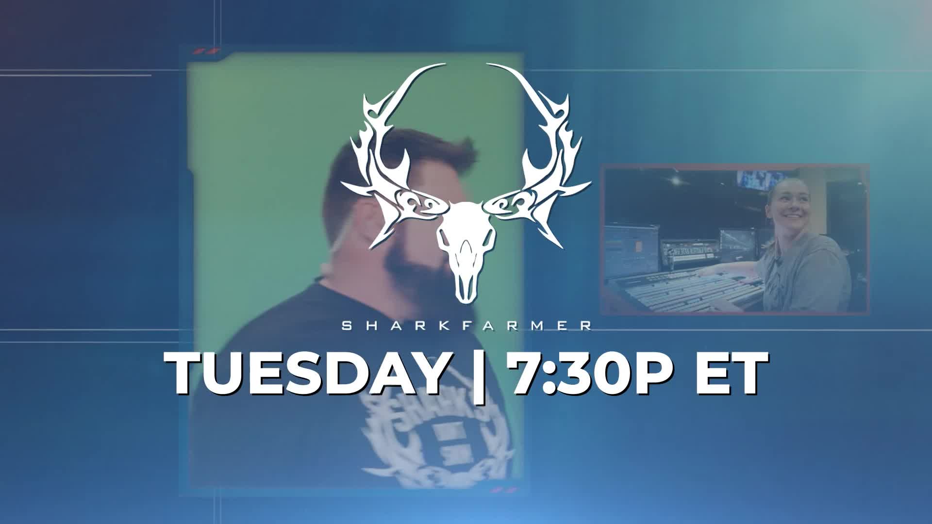 A man stands in front of a green screen, with a stylized skull and antlers graphic superimposed over him. The RFD-TV show "Sharkfarmer" is set to air Tuesday at 7:30 PM ET, as the text indicates.
