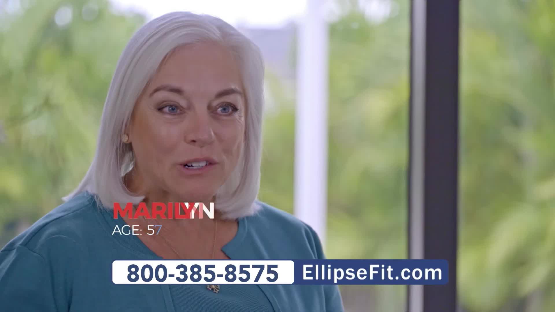 Marilyn, age 57, is talking to the camera, likely for a commercial on RFD-TV. A phone number and website for EllipseFit are displayed at the bottom of the screen.
