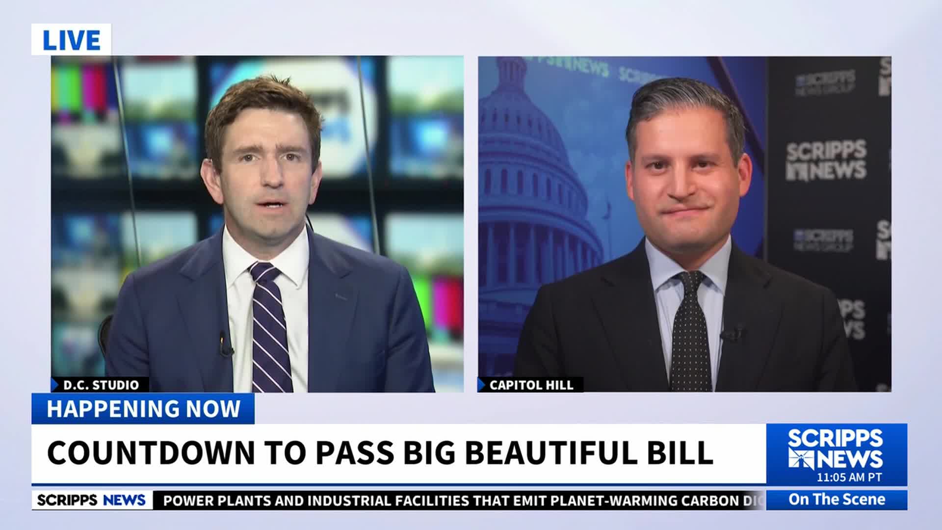 Two men in suits are on a split screen, one in a D.C. studio and the other at Capitol Hill, both appearing on Scripps News. The chyron reads "Countdown to Pass Big Beautiful Bill."
