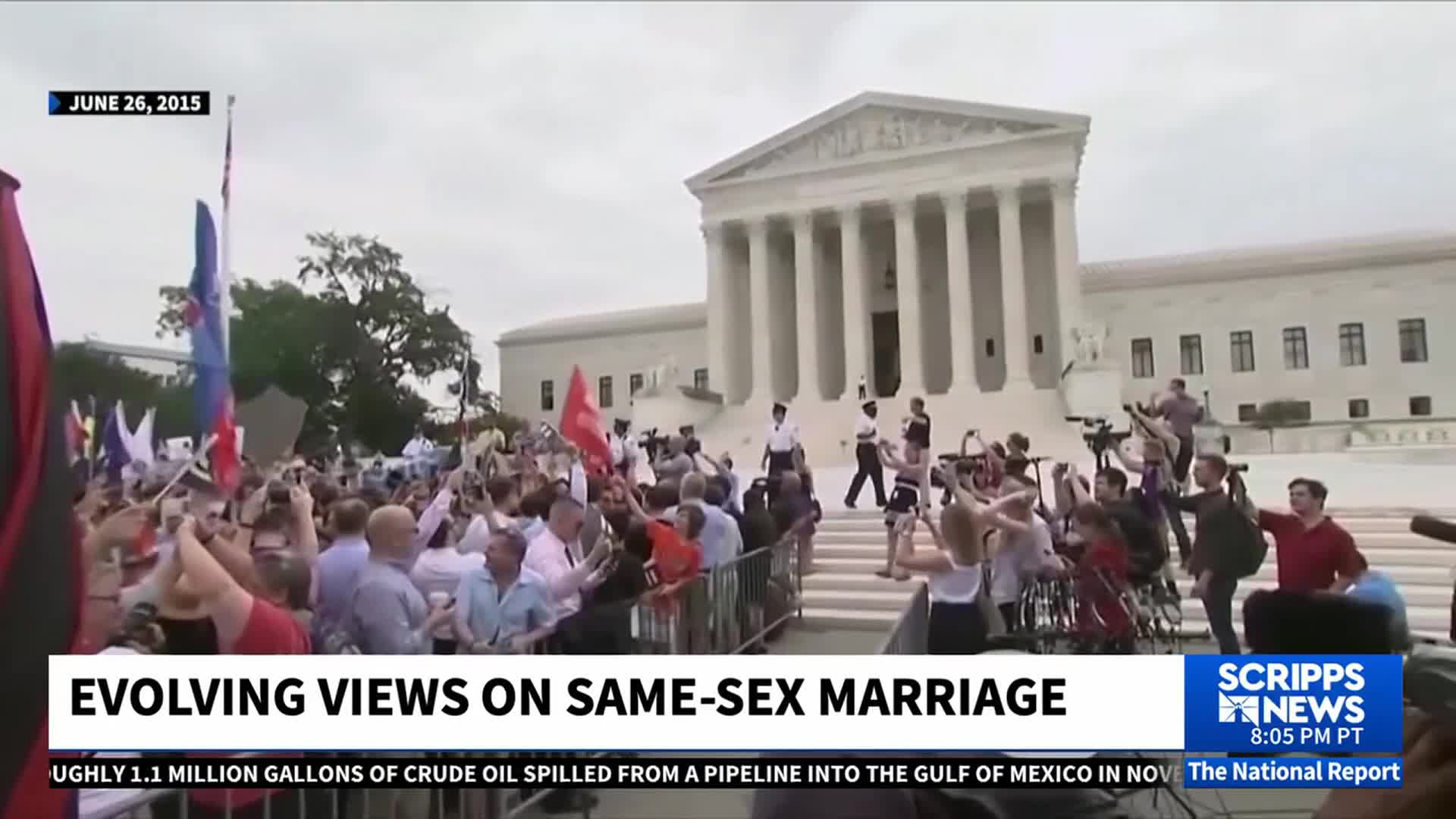 Outside the Supreme Court in the United States, a crowd cheers, waving flags and holding up phones. The Scripps News report on "Evolving Views on Same-Sex Marriage" is being broadcast.
