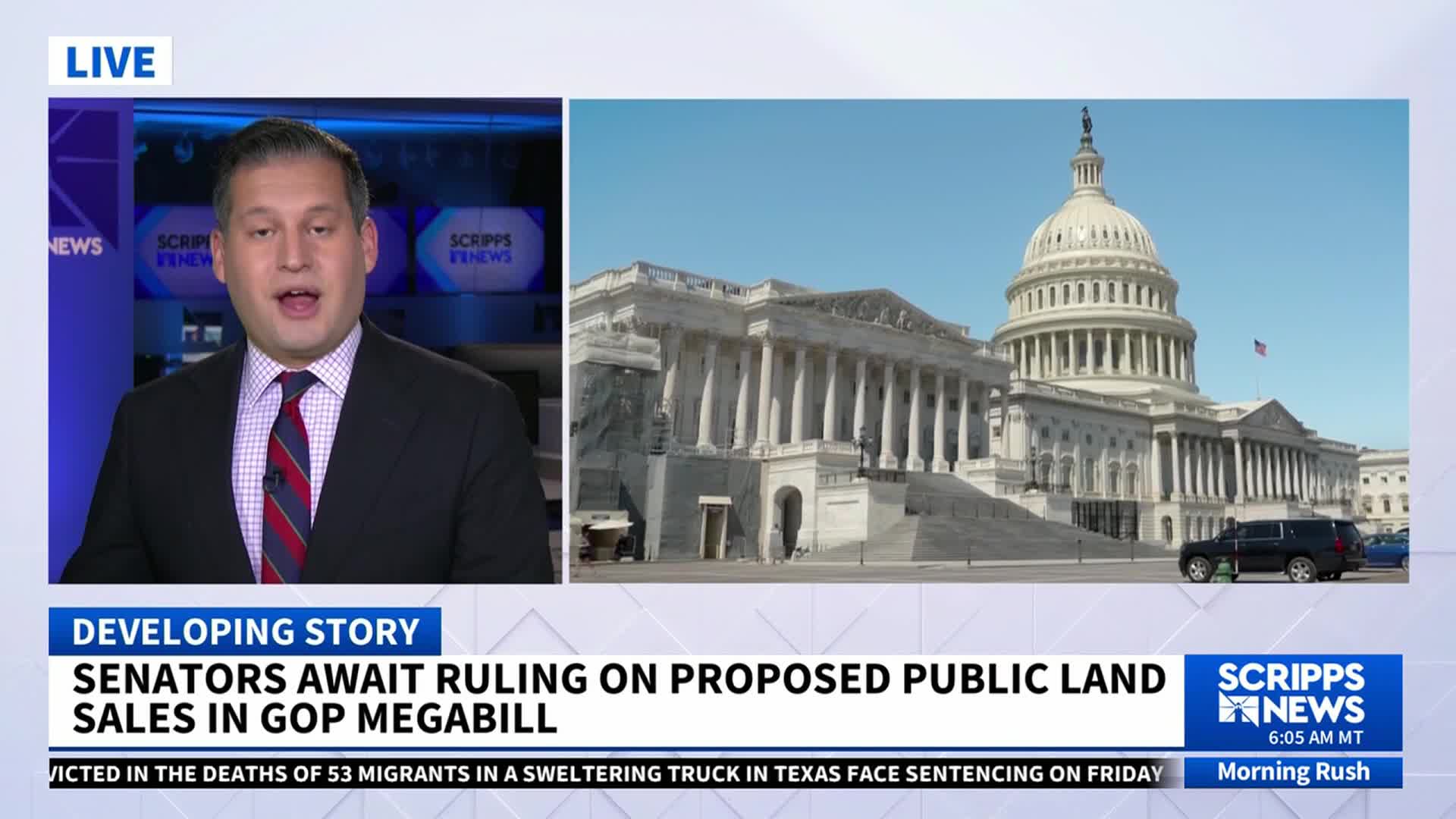 A news anchor in a suit speaks live from a studio, while a shot of the United States Capitol Building sits to his right. The Capitol is bathed in sunlight, and a black SUV is parked in front.
