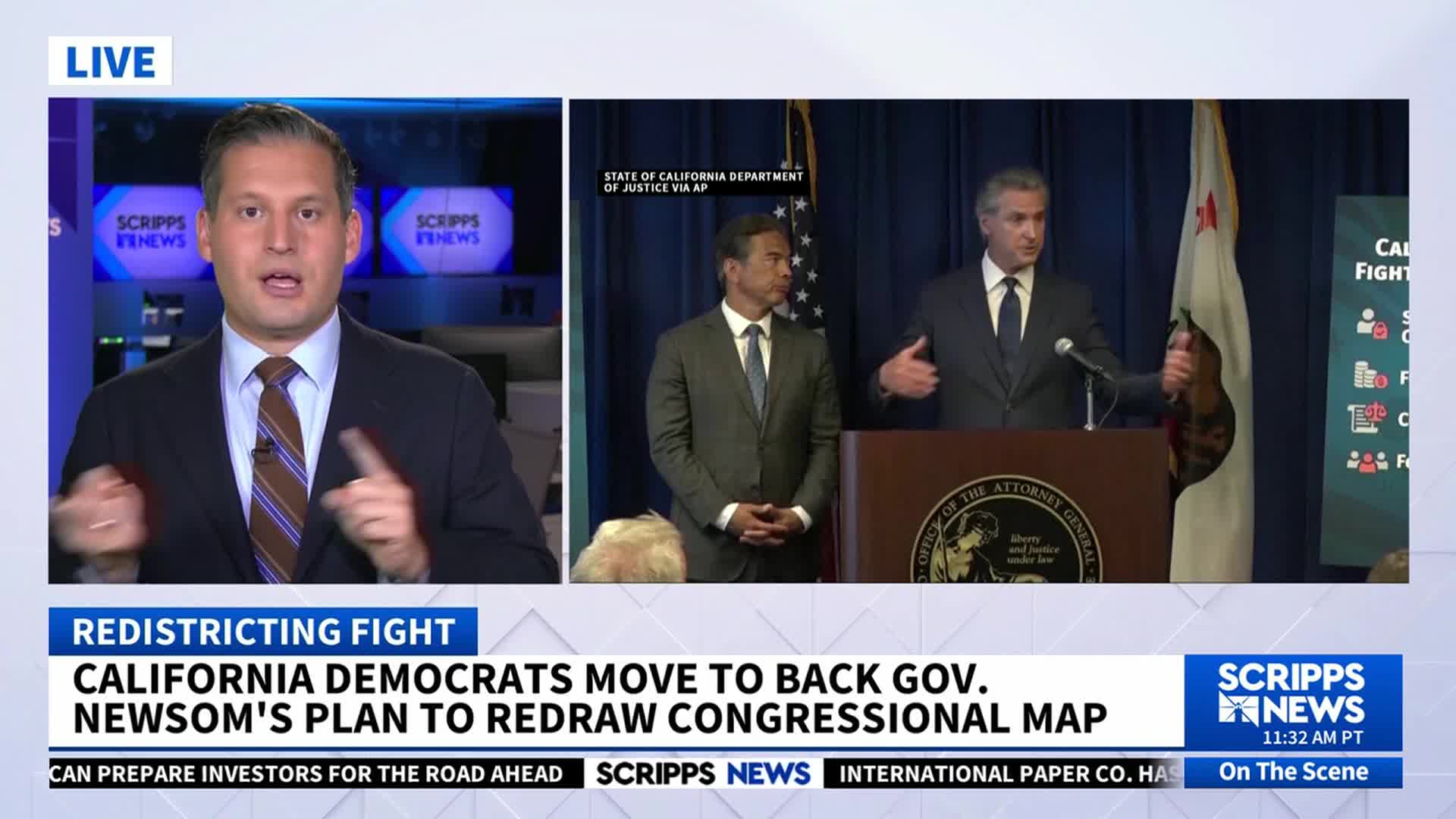 A Scripps News anchor gestures emphatically, while on a split screen, a man in a suit speaks from a podium. Behind him, another man in a suit stands quietly.
