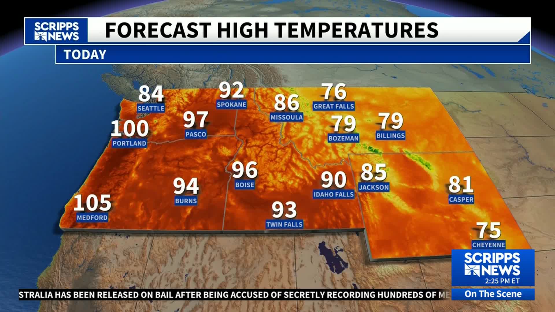 A heat map of the United States, as presented by Scripps News, shows the forecast high temperatures for today. Numbers are overlaid on a gradient of orange and yellow, indicating the hottest regions.
