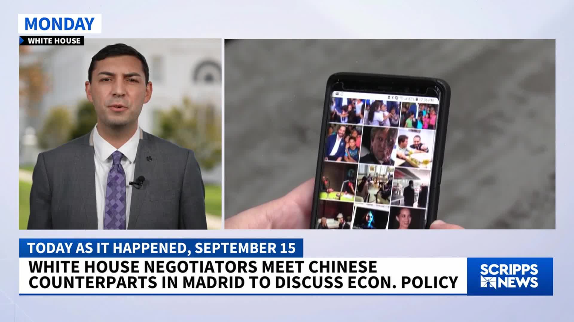 A news anchor in a suit is speaking from the White House, as a hand holds a phone displaying a grid of images. The Scripps News logo is visible at the bottom right, reporting on White House negotiators meeting in Madrid.
